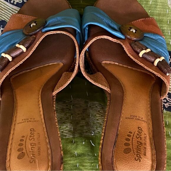 Spring Step Blue and Brown Leather Boho Wedge Heels Size 9 - Picture 8 of 14